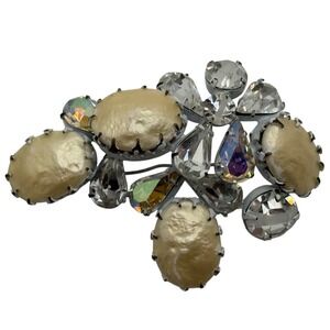 Vintage Regency Jewels Signed White Enamel Givre AB Rhinestone Faux Pearl Brooch